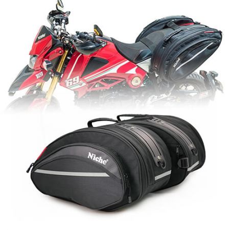 Alforjas de moto de forma redonda - Bolsas de Sillín para Moto con Sistema de Montaje Universal, Ampliables e Impermeables con Protector de Lluvia Incluido (Talla L)
